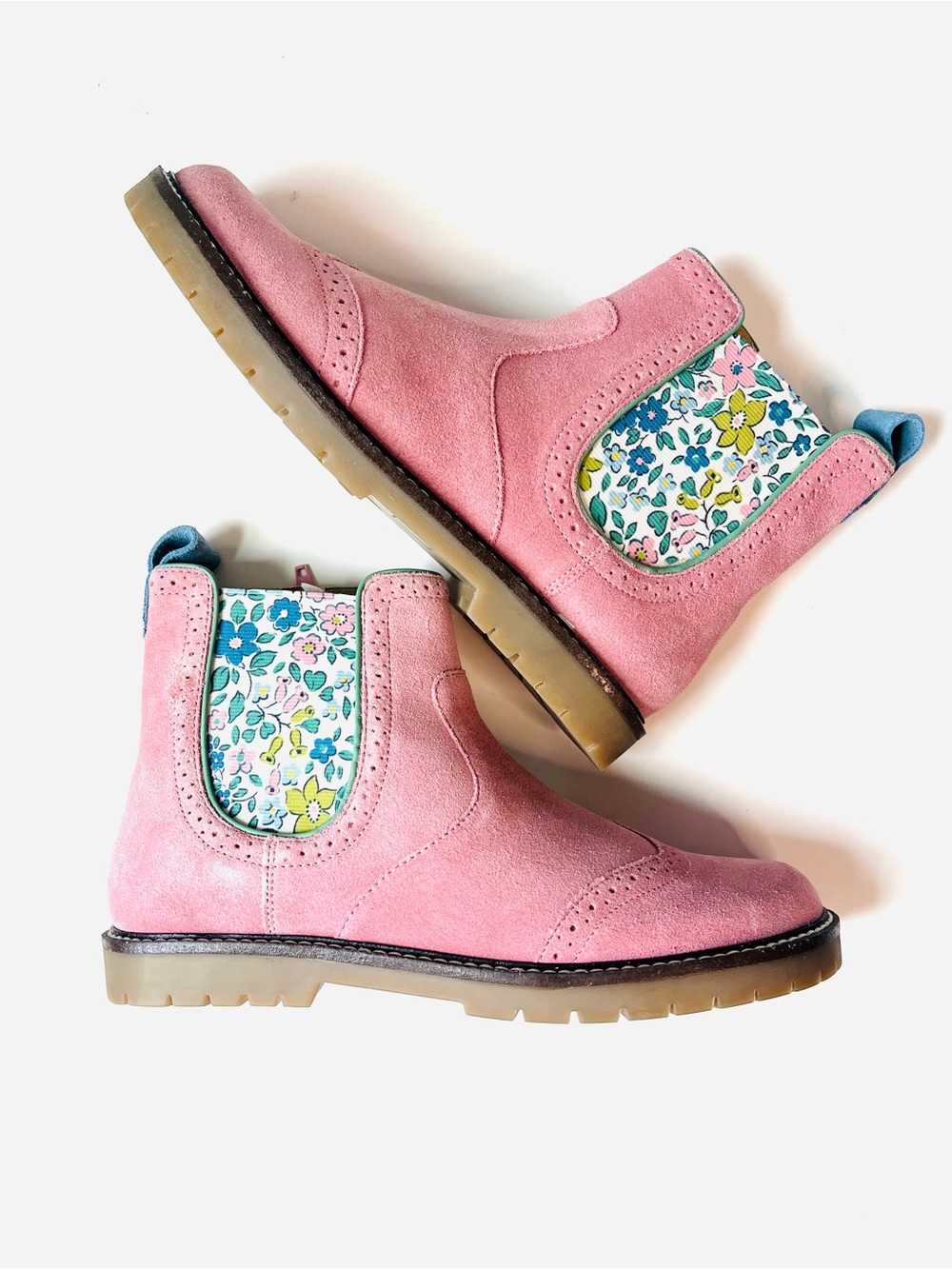 Boden Pink Suede Chelsea Boot with Floral Side Panel